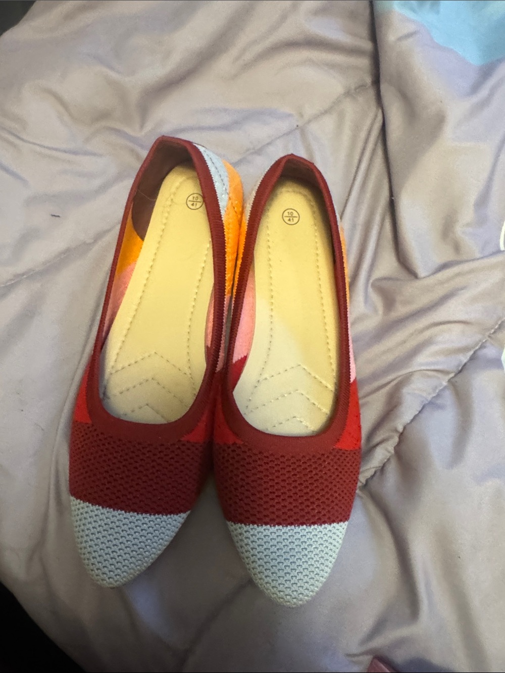 Women’s Red Knit Pointed-Toe Flats with Gray Toe